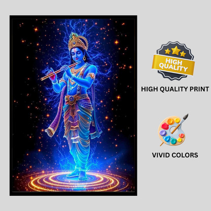 Lord Krishna Playing Flute Cosmic Wall Art | HD Glossy 2D Frame | Divine Krishna Spiritual Poster for Home Mandir, Living Room & Meditation Space