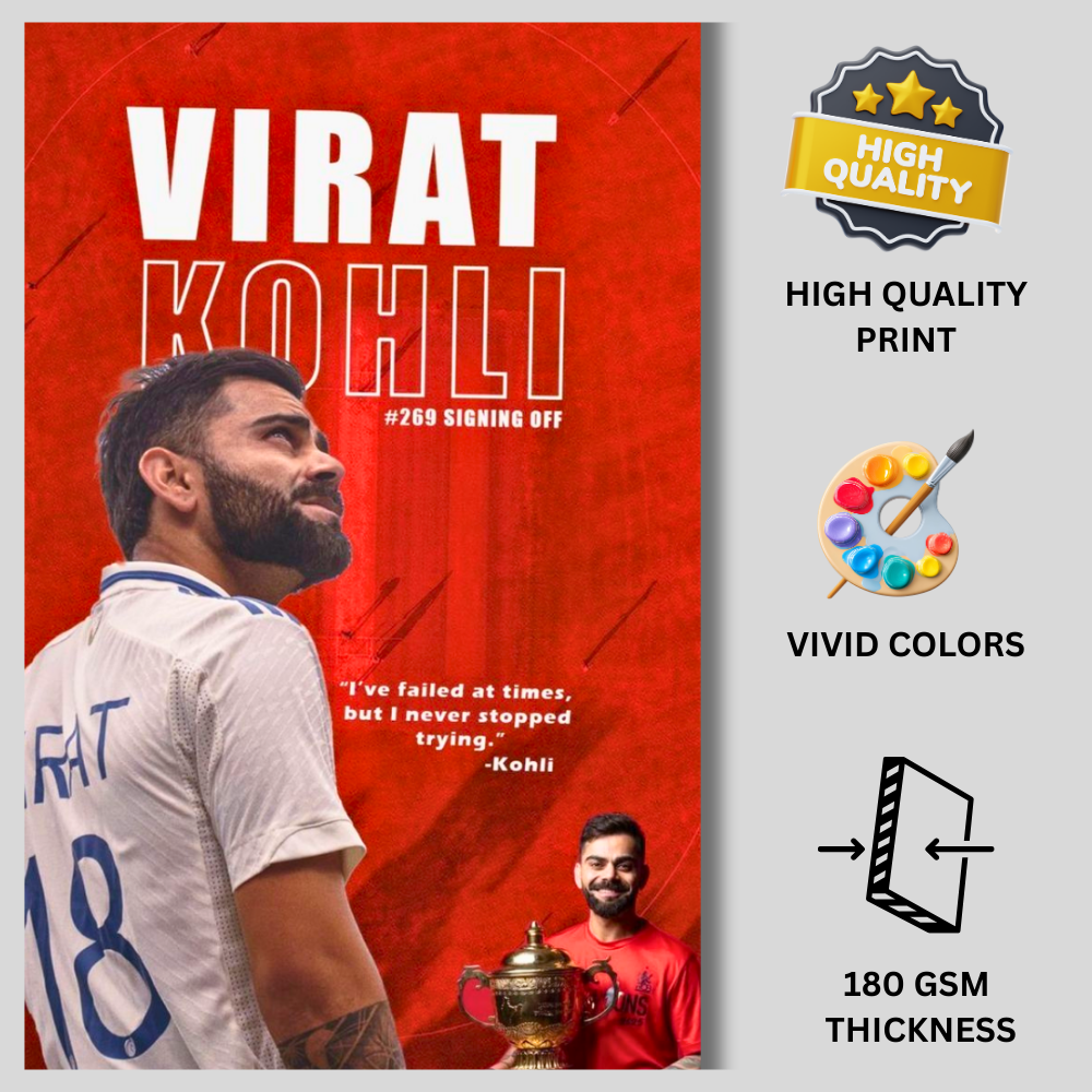 Virat Kohli Inspired Cricket Wall Poster | Premium Glossy Indian Cricket Legend Wall Art for Bedroom & Office | High Quality Print