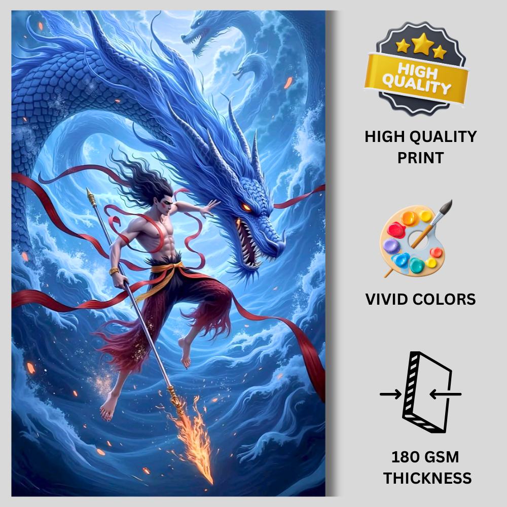 Mythological Warrior & Dragon Wall Poster | Premium Glossy Fantasy Wall Art for Bedroom, Gaming Room & Office | High Quality Print