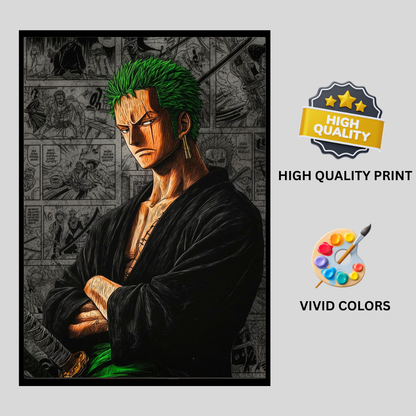 Roronoa Zoro 2D Glossy HD Wall Frame | One Piece Anime Swordsman Artwork | Manga Panel Background Poster | Premium Gloss Finish Wall Decor for Anime Fans