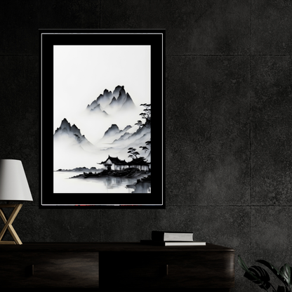 Minimalist Ink Mountain Landscape 2D Framed Wall Art Poster | Japanese Zen Style Misty Mountains & Lake Painting | HD Matte Finish Modern Wall Frame for Home & Office Décor