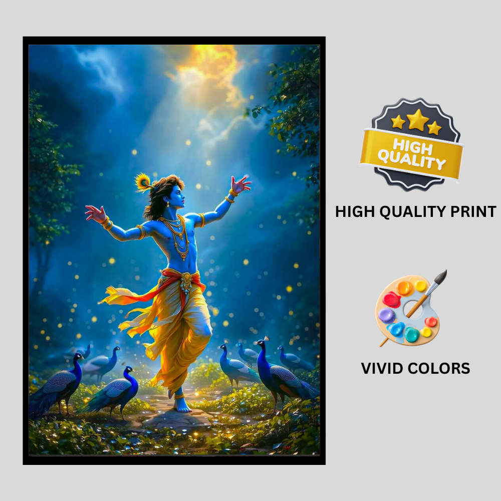 Lord Krishna Dancing with Peacocks Wall Art | Divine Krishna Nritya Poster | HD Glossy 2D Frame | Premium Spiritual Wall Décor for Home, Mandir & Living Room