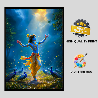 Lord Krishna Dancing with Peacocks Wall Art | Divine Krishna Nritya Poster | HD Glossy 2D Frame | Premium Spiritual Wall Décor for Home, Mandir & Living Room