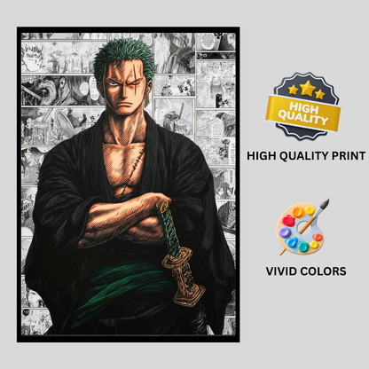 Roronoa Zoro 2D Glossy HD Wall Frame | One Piece Anime Samurai Artwork | Manga Collage Poster | Premium Gloss Finish Wall Decor for Anime Fans