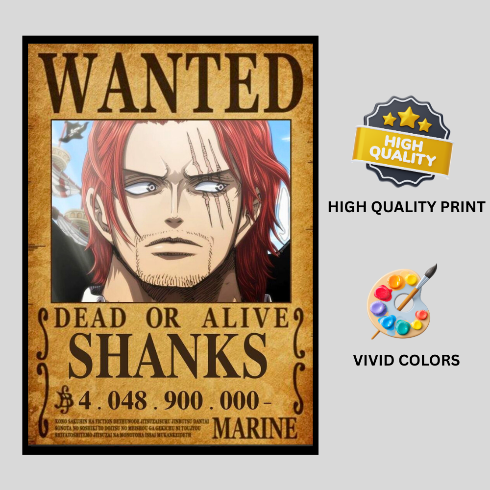 Shanks Wanted Poster Wall Art 2d frame | One P!ece Anime Emperor Character Bounty Frame | Dead or Alive Pirate Poster | HD High Gloss Finish | Premium Framed Wall Decor for Anime Fans