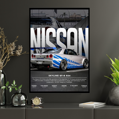 Nissan Skyline GT-R  R34 Car Wall Art – Premium Automotive Decor for Car Enthusiasts