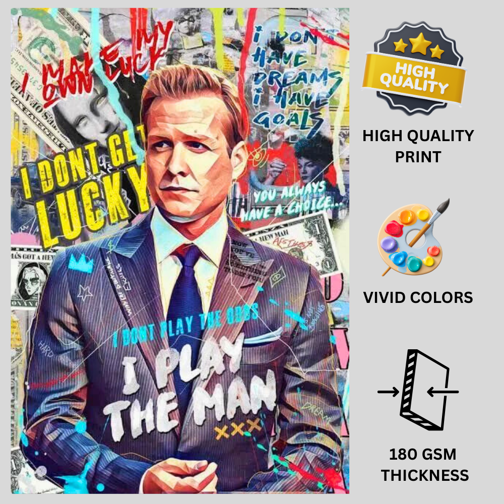 Harvey Specter Quote Wall Poster | “I Don’t Play the Odds, I Play the Man” Motivational Pop Art | Modern Office & Bedroom Wall Decor | Premium Glossy Poster