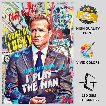 Harvey Specter Quote Wall Poster | “I Don’t Play the Odds, I Play the Man” Motivational Pop Art | Modern Office & Bedroom Wall Decor | Premium Glossy Poster