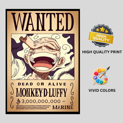 Monkey D. Luffy Wanted Poster Wall Art 2D Framed | One Piece Anime Character Bounty Artwork | Dead or Alive Pirate Poster | HD High Gloss Finish | Premium Wall Frame for Anime Fans & Collectors