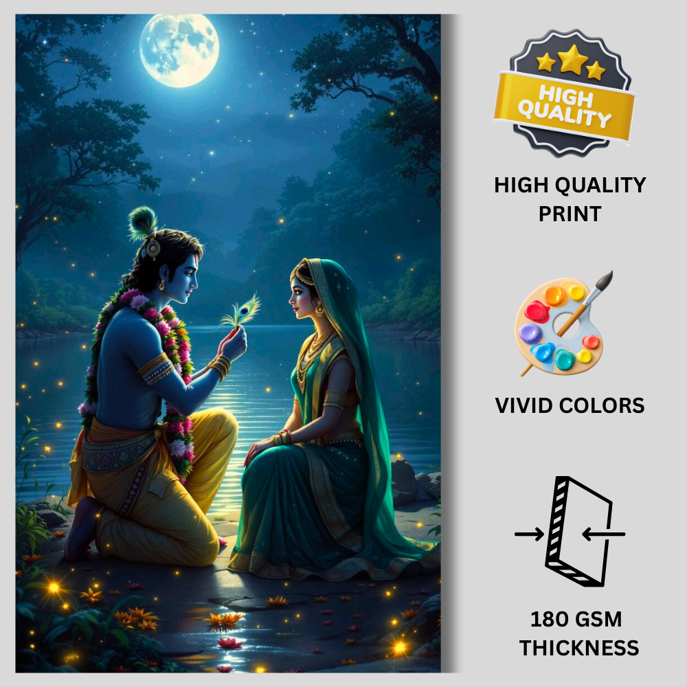 Radha Krishna Moonlight Poster | Lord Krishna & Radha Romantic Wall Art | Spiritual Hindu Devotional Poster for Home, Mandir & Bedroom | Premium Glossy Print
