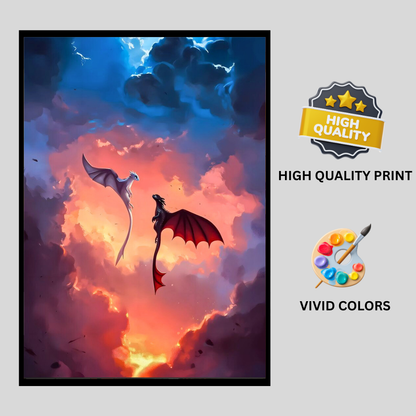 Epic Dragon Love Wall Art 2D Framed Poster | Night Fury & Light Fury Inspired Romantic Dragon Couple | Symbol of Love, Bond & Togetherness | HD High Gloss Finish Premium Wall Frame | Romantic Gift for Lovers & Couples