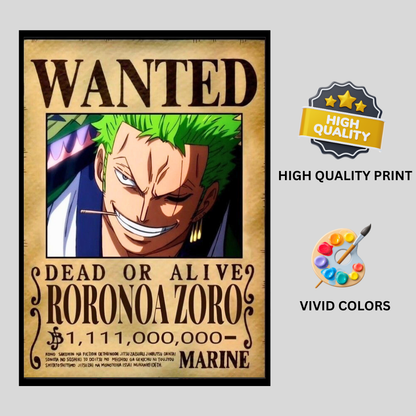Roronoa Zoro Wanted Poster Wall Art 2D Framed | One Piece Anime Swordsman Character Bounty Artwork | Dead or Alive Pirate Poster | HD High Gloss Finish | Premium Wall Frame for Anime Fans