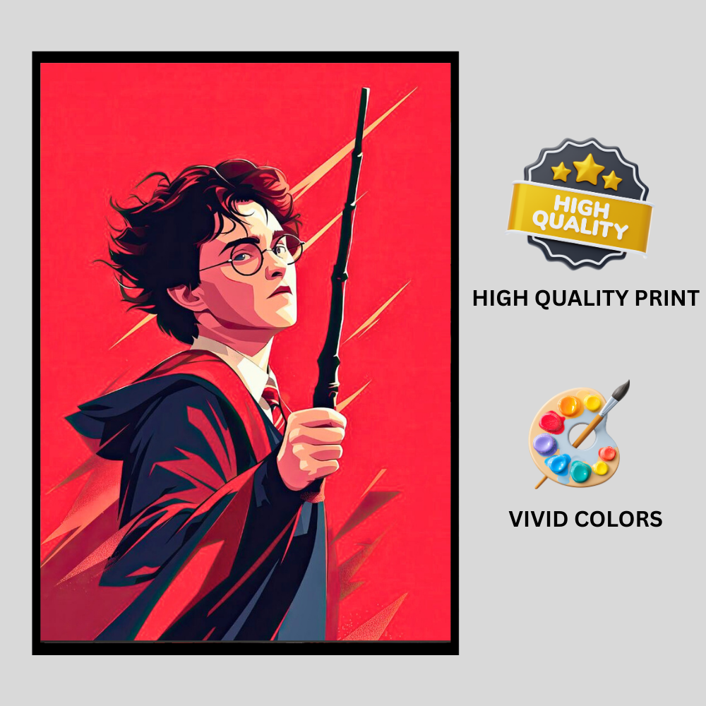 Harry Potter-Young Wizard Hero Wall Art 2D Framed Poster | Harry Potter Inspired Magical Character with Wand | HD High Gloss Finish Fantasy Art Print | Premium Wall Frame for Bedroom, Study & Gifting