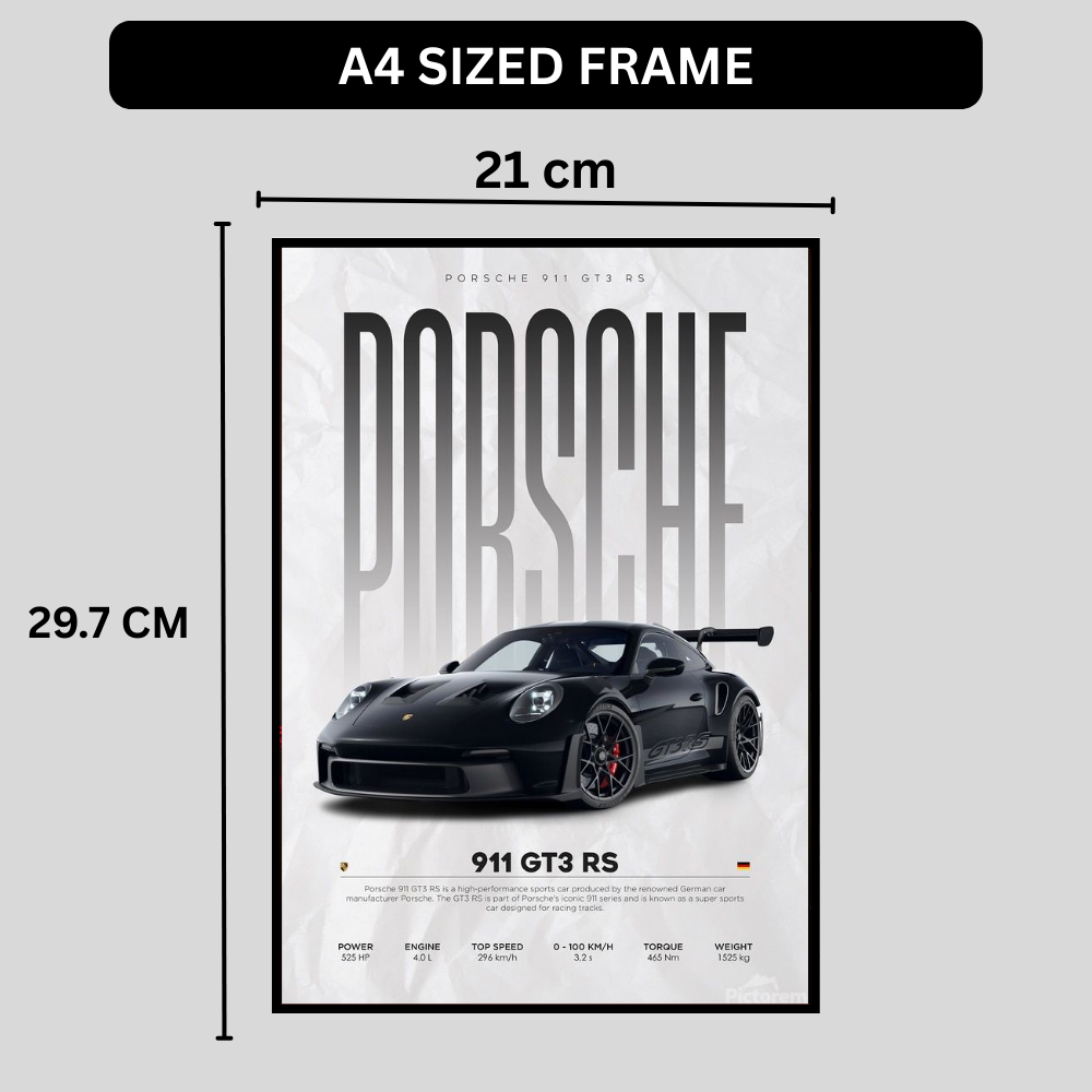 P0RSCHE 911 GT3 RS Inspired 2D Wall Art Frame – A4 Premium High-Gloss Sports Car Poster | Luxury Performance Car Décor for Home, Office & Studio