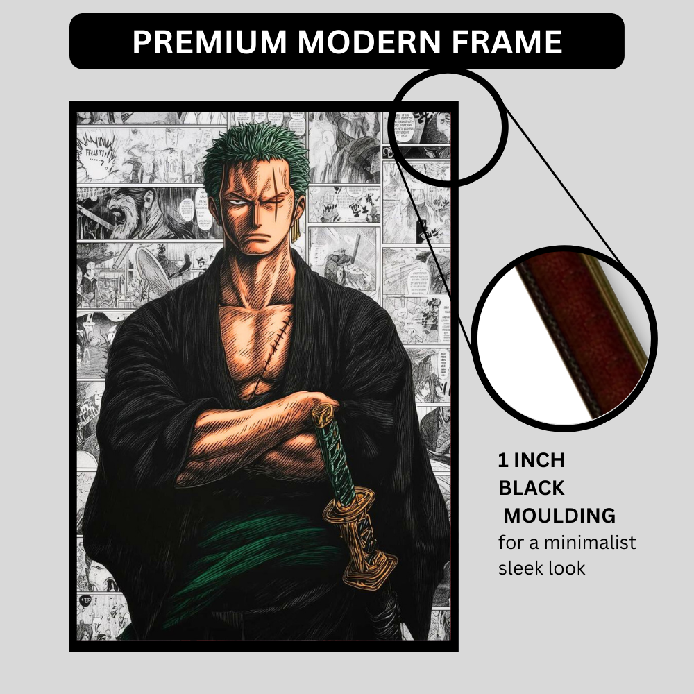 Roronoa Zoro 2D Glossy HD Wall Frame | One Piece Anime Samurai Artwork | Manga Collage Poster | Premium Gloss Finish Wall Decor for Anime Fans