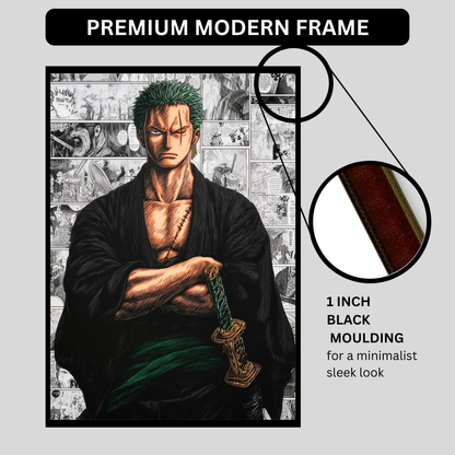 Roronoa Zoro 2D Glossy HD Wall Frame | One Piece Anime Samurai Artwork | Manga Collage Poster | Premium Gloss Finish Wall Decor for Anime Fans