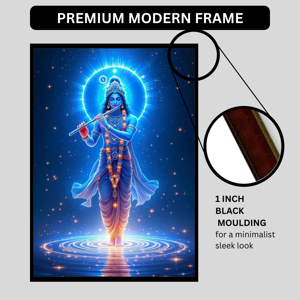 Lord Krishna Cosmic Flute Wall Art | Divine Krishna Playing Bansuri Poster | HD Glossy 2D Frame | Spiritual Krishna Wall Décor for Home, Mandir & Meditation