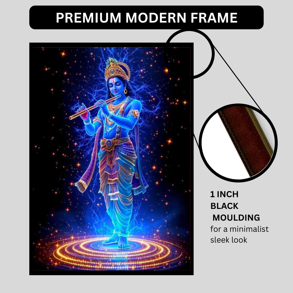 Lord Krishna Playing Flute Cosmic Wall Art | HD Glossy 2D Frame | Divine Krishna Spiritual Poster for Home Mandir, Living Room & Meditation Space
