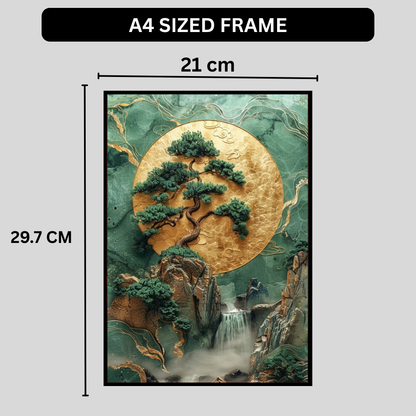Zen Tree of Life 2D Wall Art Frame – A4 Premium High Gloss Nature Landscape Poster | Japanese Inspired Bonsai, Waterfall & Gold Moon Luxury Home Décor