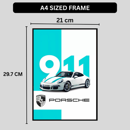 P0RSCHE 911 Sports Car Inspired 2D Wall Art Frame – A4 Size Premium High-Gloss Car Poster | Luxury Automotive Décor for Home, Office & Studio