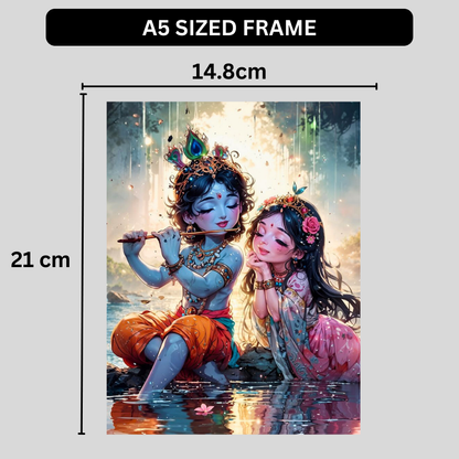 Cute Radha Krishna Poster | Lord Krishna Playing Flute with Radha Wall Art | Devotional Cartoon Style Hindu Poster for Home, Pooja Room & Kids Room | Premium Glossy Prin
