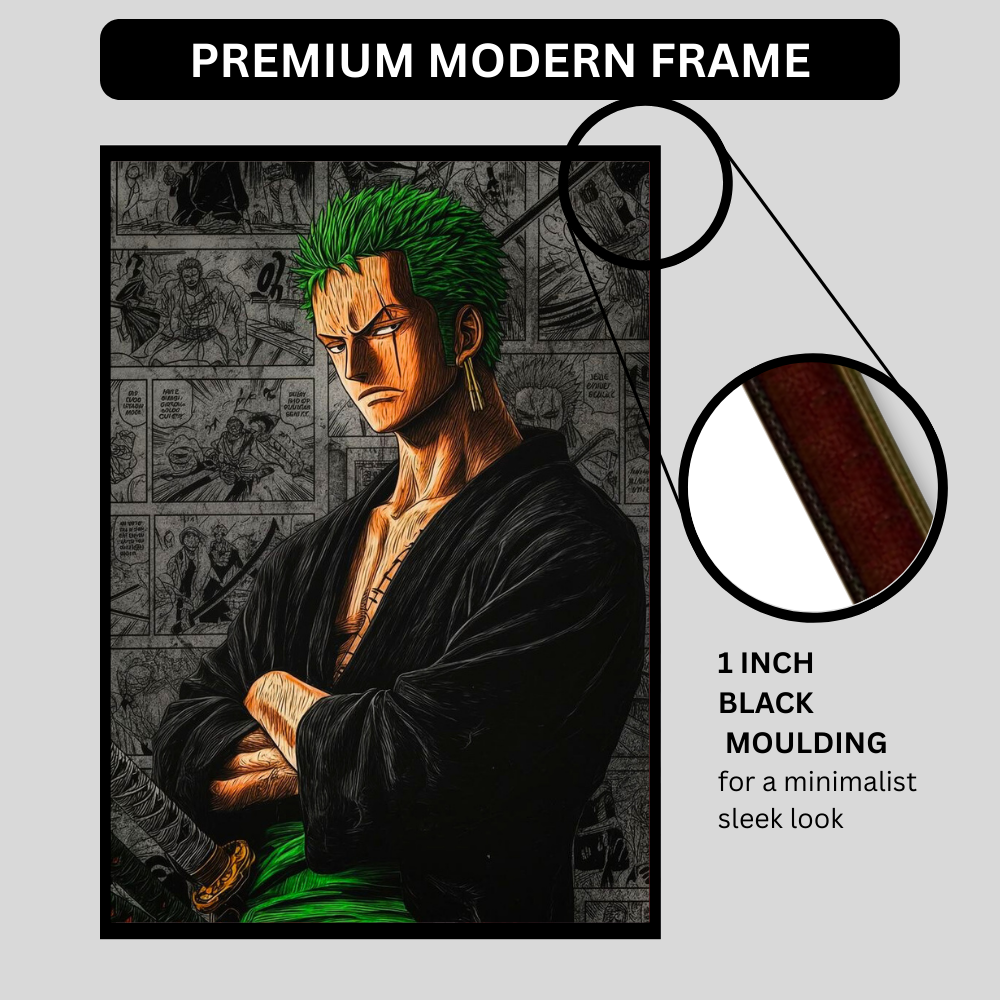 Roronoa Zoro 2D Glossy HD Wall Frame | One Piece Anime Swordsman Artwork | Manga Panel Background Poster | Premium Gloss Finish Wall Decor for Anime Fans