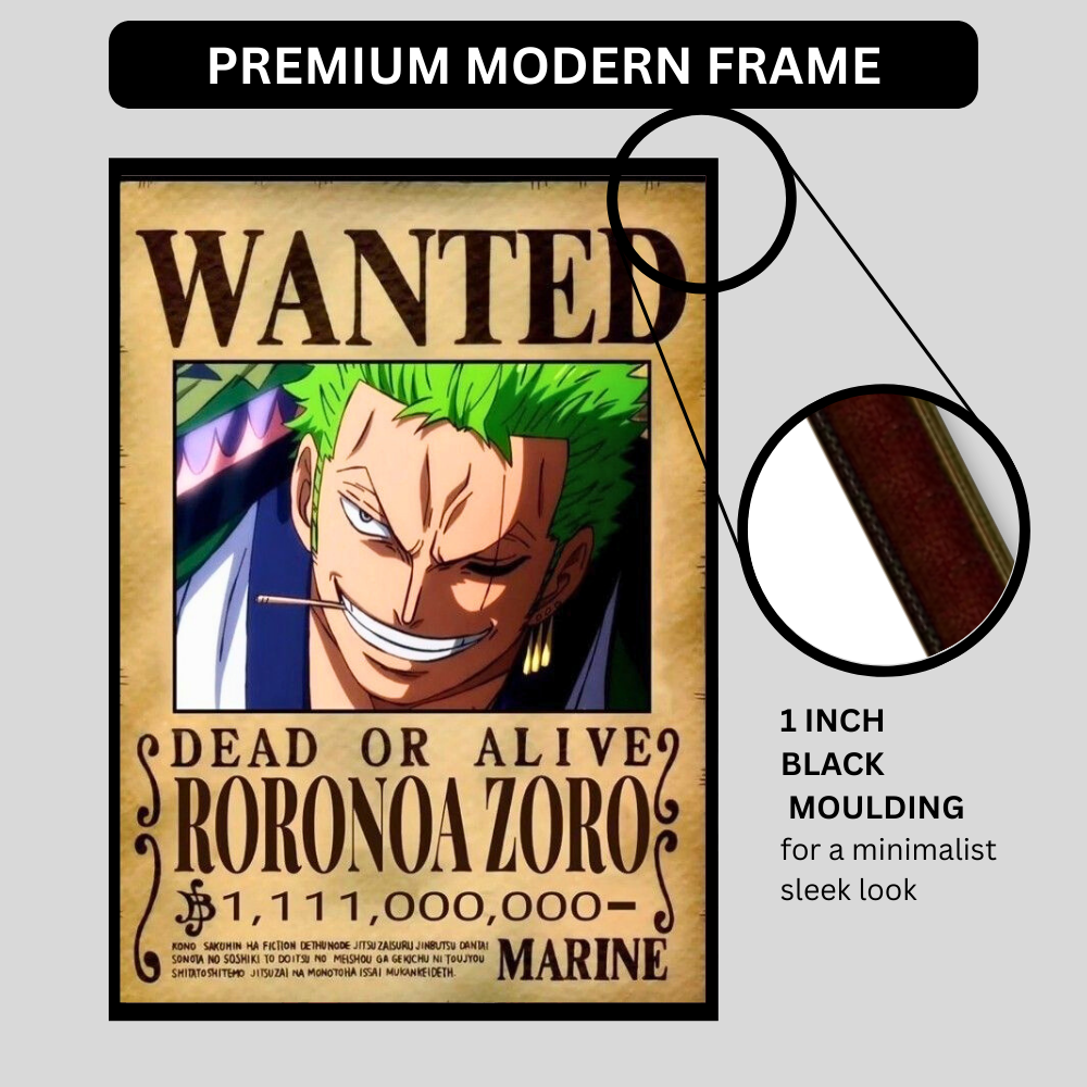 Roronoa Zoro Wanted Poster Wall Art 2D Framed | One Piece Anime Swordsman Character Bounty Artwork | Dead or Alive Pirate Poster | HD High Gloss Finish | Premium Wall Frame for Anime Fans