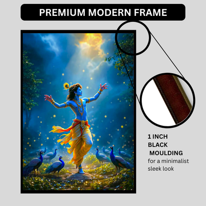 Lord Krishna Dancing with Peacocks Wall Art | Divine Krishna Nritya Poster | HD Glossy 2D Frame | Premium Spiritual Wall Décor for Home, Mandir & Living Room