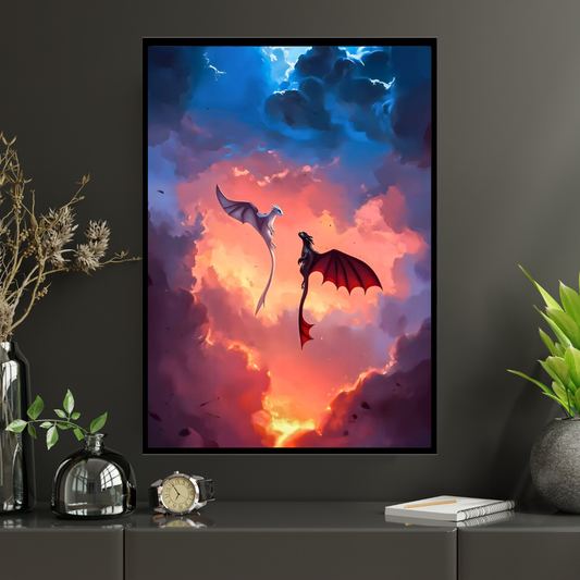 Epic Dragon Love Wall Art 2D Framed Poster | Night Fury & Light Fury Inspired Romantic Dragon Couple | Symbol of Love, Bond & Togetherness | HD High Gloss Finish Premium Wall Frame | Romantic Gift for Lovers & Couples