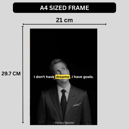 Harvey Specter Quote Wall Poster | “I Don’t Have Dreams, I Have Goals” Motivational Office Wall Art | Minimal Black & White Success Poster | Premium Glossy Print