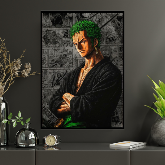 Roronoa Zoro 2D Glossy HD Wall Frame | One Piece Anime Swordsman Artwork | Manga Panel Background Poster | Premium Gloss Finish Wall Decor for Anime Fans