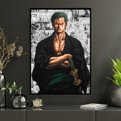 Roronoa Zoro 2D Glossy HD Wall Frame | One Piece Anime Samurai Artwork | Manga Collage Poster | Premium Gloss Finish Wall Decor for Anime Fans
