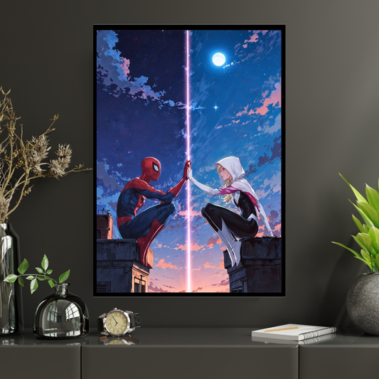 Parallel Souls Love Wall Art 2D Framed Poster | Sp1der-Man & Gwean Spider Inspired Romantic Superhero Couple | Love Across Universes & Destiny | HD High Gloss Finish Premium Wall Frame | Romantic Gift for Lovers & Couples