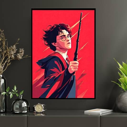 Harry Potter-Young Wizard Hero Wall Art 2D Framed Poster | Harry Potter Inspired Magical Character with Wand | HD High Gloss Finish Fantasy Art Print | Premium Wall Frame for Bedroom, Study & Gifting
