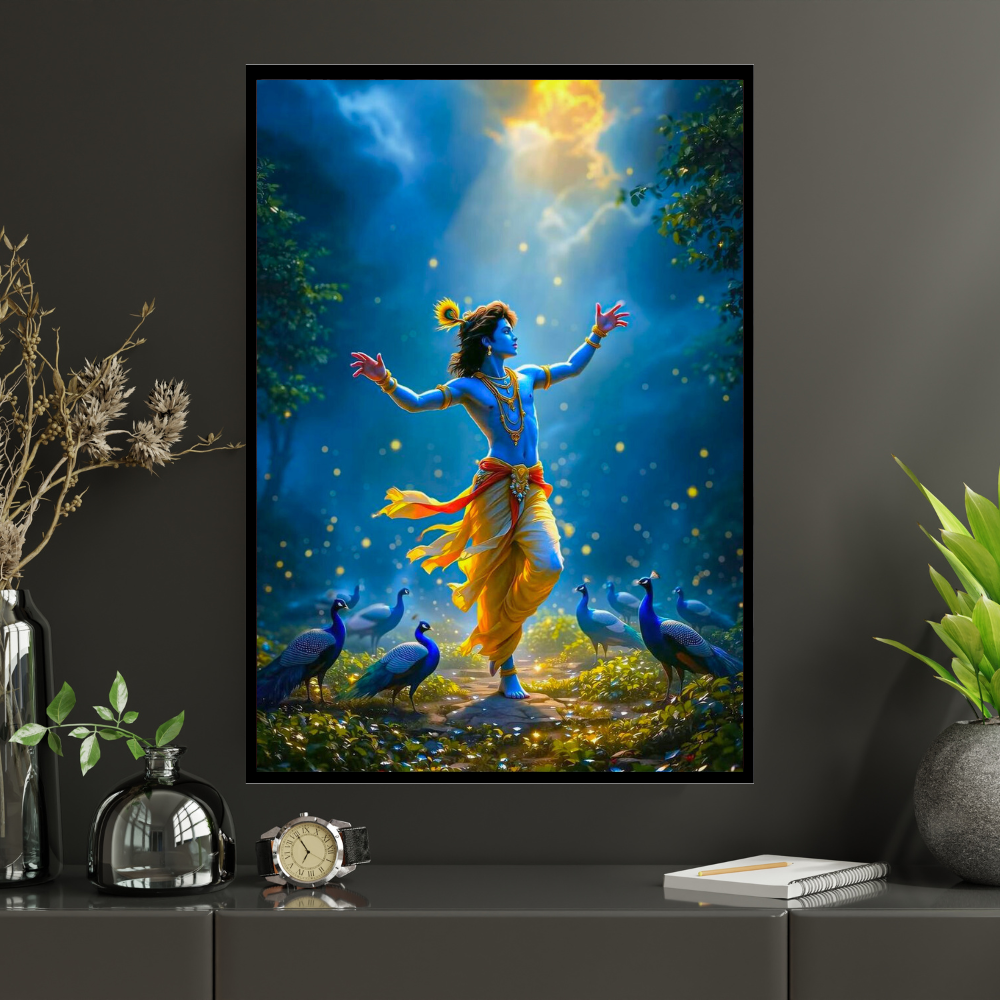 Lord Krishna Dancing with Peacocks Wall Art | Divine Krishna Nritya Poster | HD Glossy 2D Frame | Premium Spiritual Wall Décor for Home, Mandir & Living Room
