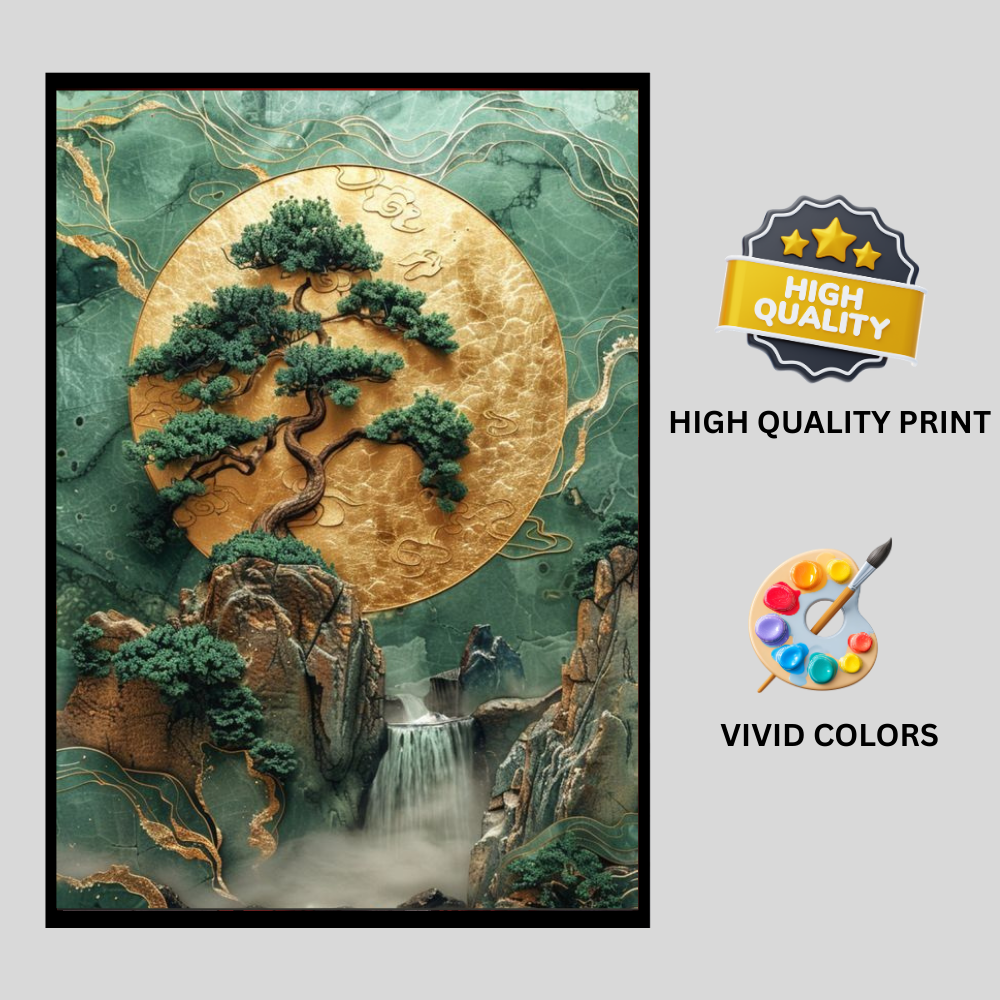 Zen Tree of Life 2D Wall Art Frame – A4 Premium High Gloss Nature Landscape Poster | Japanese Inspired Bonsai, Waterfall & Gold Moon Luxury Home Décor