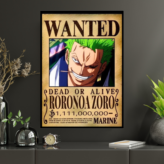 Roronoa Zoro Wanted Poster Wall Art 2D Framed | One Piece Anime Swordsman Character Bounty Artwork | Dead or Alive Pirate Poster | HD High Gloss Finish | Premium Wall Frame for Anime Fans
