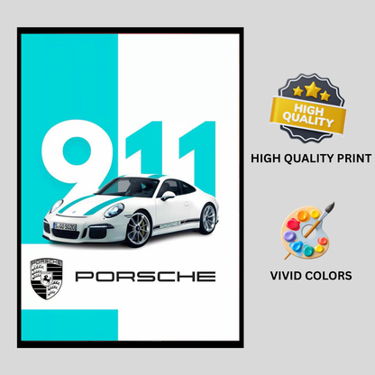 P0RSCHE 911 Sports Car Inspired 2D Wall Art Frame – A4 Size Premium High-Gloss Car Poster | Luxury Automotive Décor for Home, Office & Studio