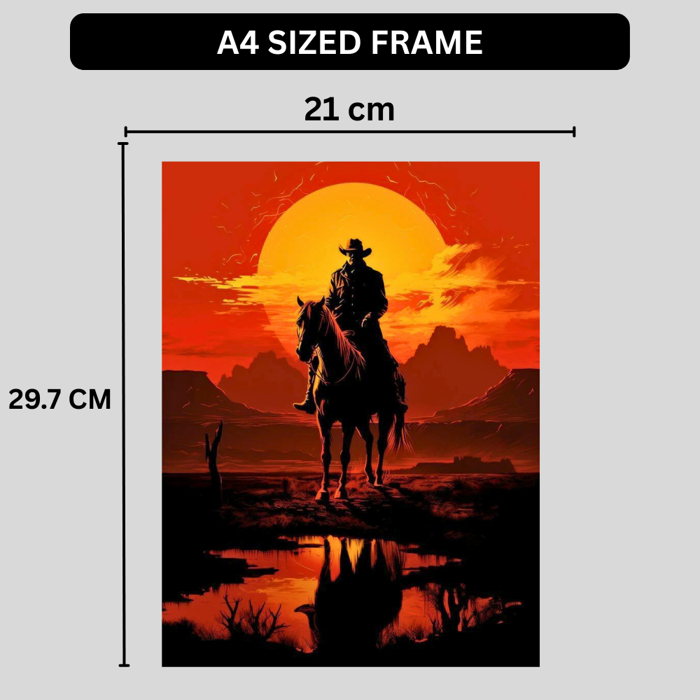 Western Cowboy Sunset Poster | Vintage Cowboy Wall Art | Wild West Horse Rider Poster for Bedroom, Office & Gaming Room | Premium Glossy Wall Poster