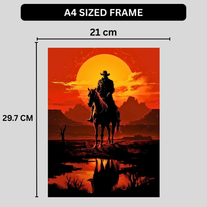 Western Cowboy Sunset Poster | Vintage Cowboy Wall Art | Wild West Horse Rider Poster for Bedroom, Office & Gaming Room | Premium Glossy Wall Poster