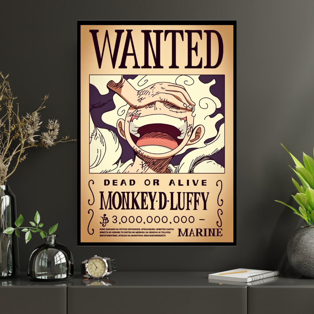Monkey D. Luffy Wanted Poster Wall Art 2D Framed | One Piece Anime Character Bounty Artwork | Dead or Alive Pirate Poster | HD High Gloss Finish | Premium Wall Frame for Anime Fans & Collectors