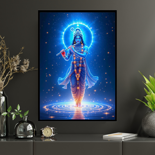 Lord Krishna Cosmic Flute Wall Art | Divine Krishna Playing Bansuri Poster | HD Glossy 2D Frame | Spiritual Krishna Wall Décor for Home, Mandir & Meditation