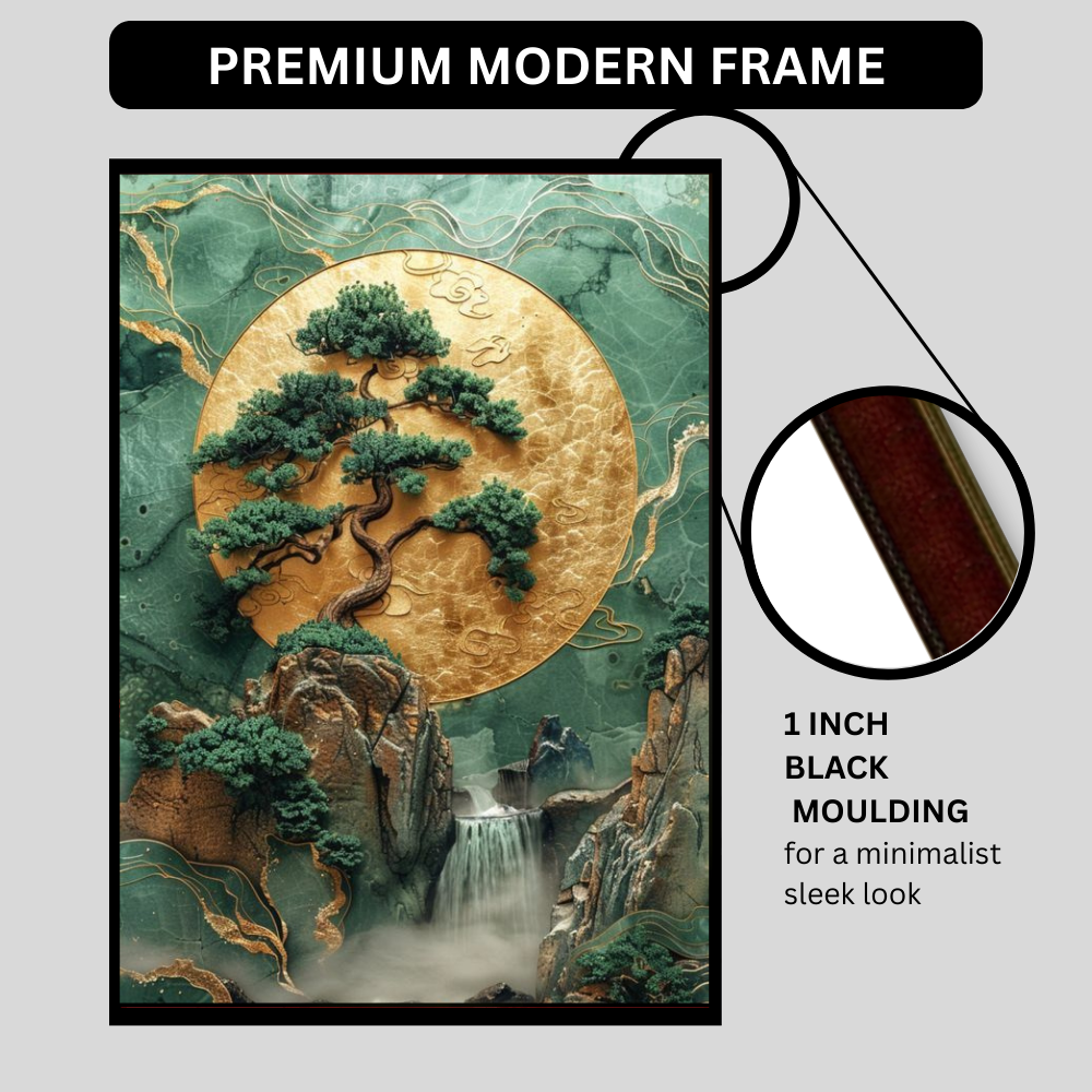 Zen Tree of Life 2D Wall Art Frame – A4 Premium High Gloss Nature Landscape Poster | Japanese Inspired Bonsai, Waterfall & Gold Moon Luxury Home Décor