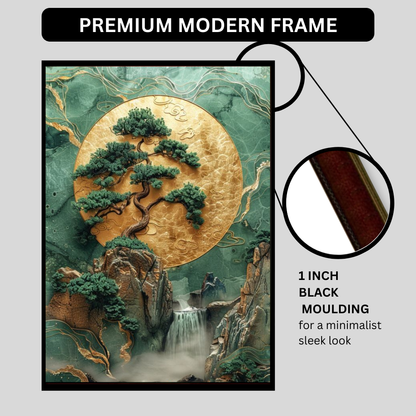 Zen Tree of Life 2D Wall Art Frame – A4 Premium High Gloss Nature Landscape Poster | Japanese Inspired Bonsai, Waterfall & Gold Moon Luxury Home Décor