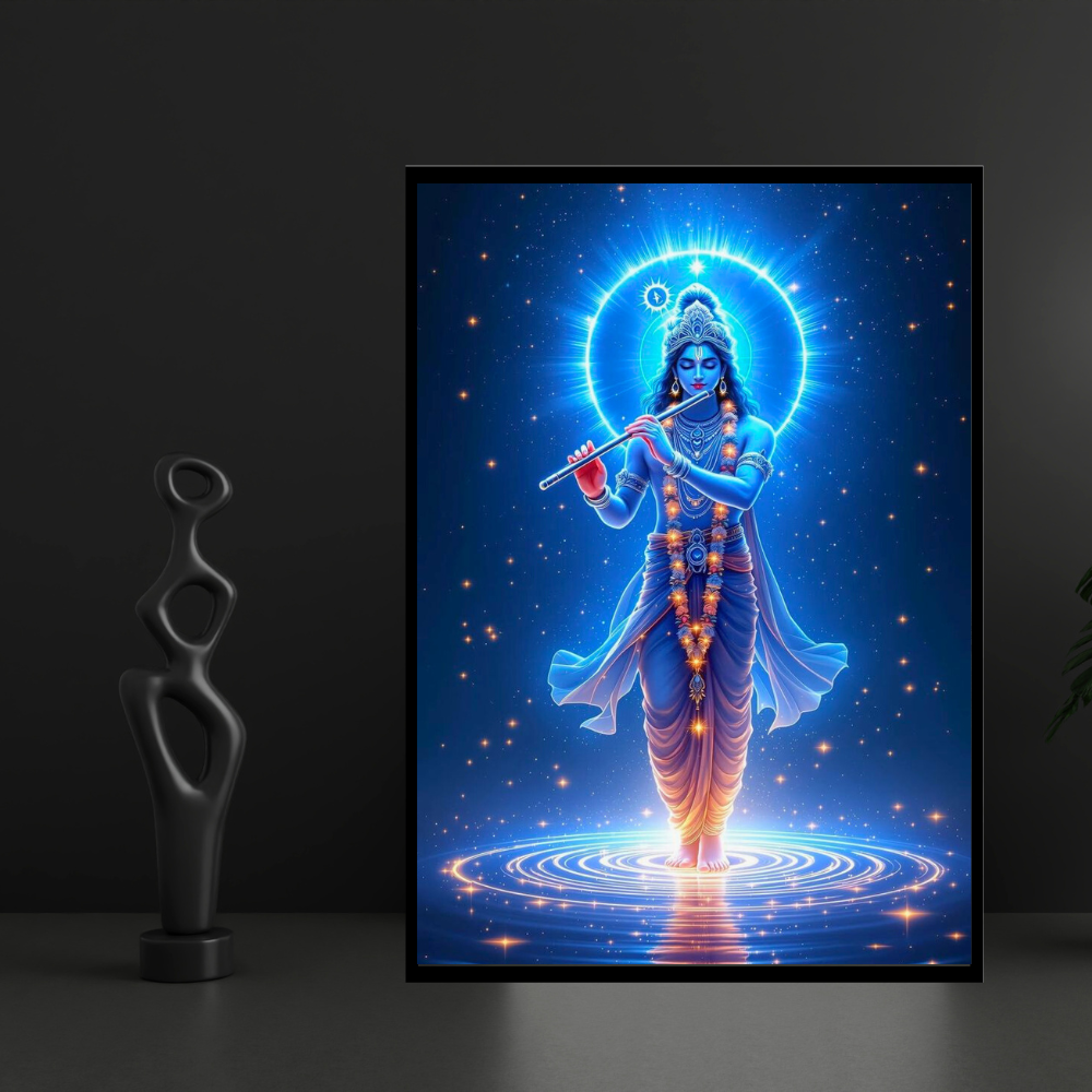 Lord Krishna Cosmic Flute Wall Art | Divine Krishna Playing Bansuri Poster | HD Glossy 2D Frame | Spiritual Krishna Wall Décor for Home, Mandir & Meditation