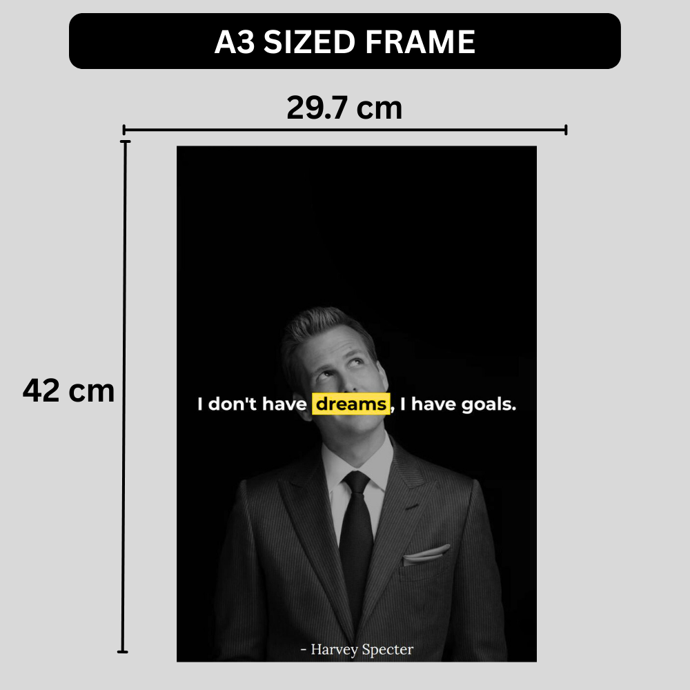 Harvey Specter Quote Wall Poster | “I Don’t Have Dreams, I Have Goals” Motivational Office Wall Art | Minimal Black & White Success Poster | Premium Glossy Print