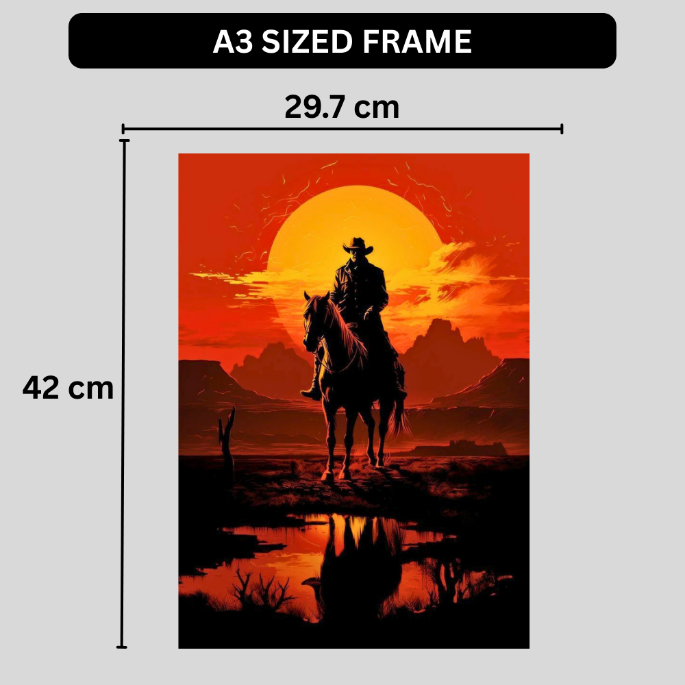 Western Cowboy Sunset Poster | Vintage Cowboy Wall Art | Wild West Horse Rider Poster for Bedroom, Office & Gaming Room | Premium Glossy Wall Poster