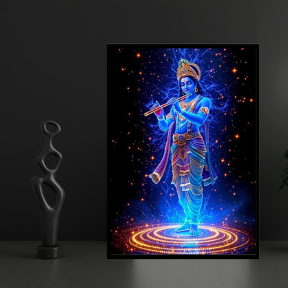 Lord Krishna Playing Flute Cosmic Wall Art | HD Glossy 2D Frame | Divine Krishna Spiritual Poster for Home Mandir, Living Room & Meditation Space