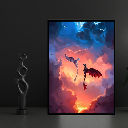 Epic Dragon Love Wall Art 2D Framed Poster | Night Fury & Light Fury Inspired Romantic Dragon Couple | Symbol of Love, Bond & Togetherness | HD High Gloss Finish Premium Wall Frame | Romantic Gift for Lovers & Couples