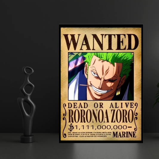 Roronoa Zoro Wanted Poster Wall Art 2D Framed | One Piece Anime Swordsman Character Bounty Artwork | Dead or Alive Pirate Poster | HD High Gloss Finish | Premium Wall Frame for Anime Fans